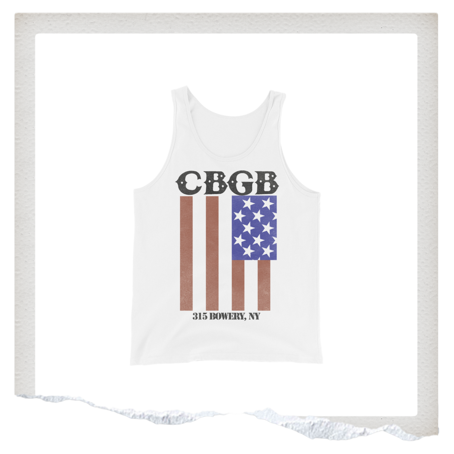 White tank top with CBGB logo and American flag design on a white background