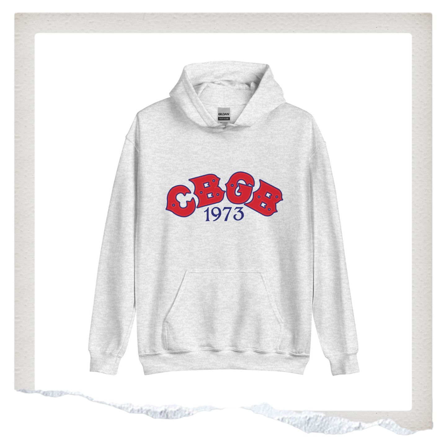 Light heather grey hoodie with 'CBGB 1973' text on a white background