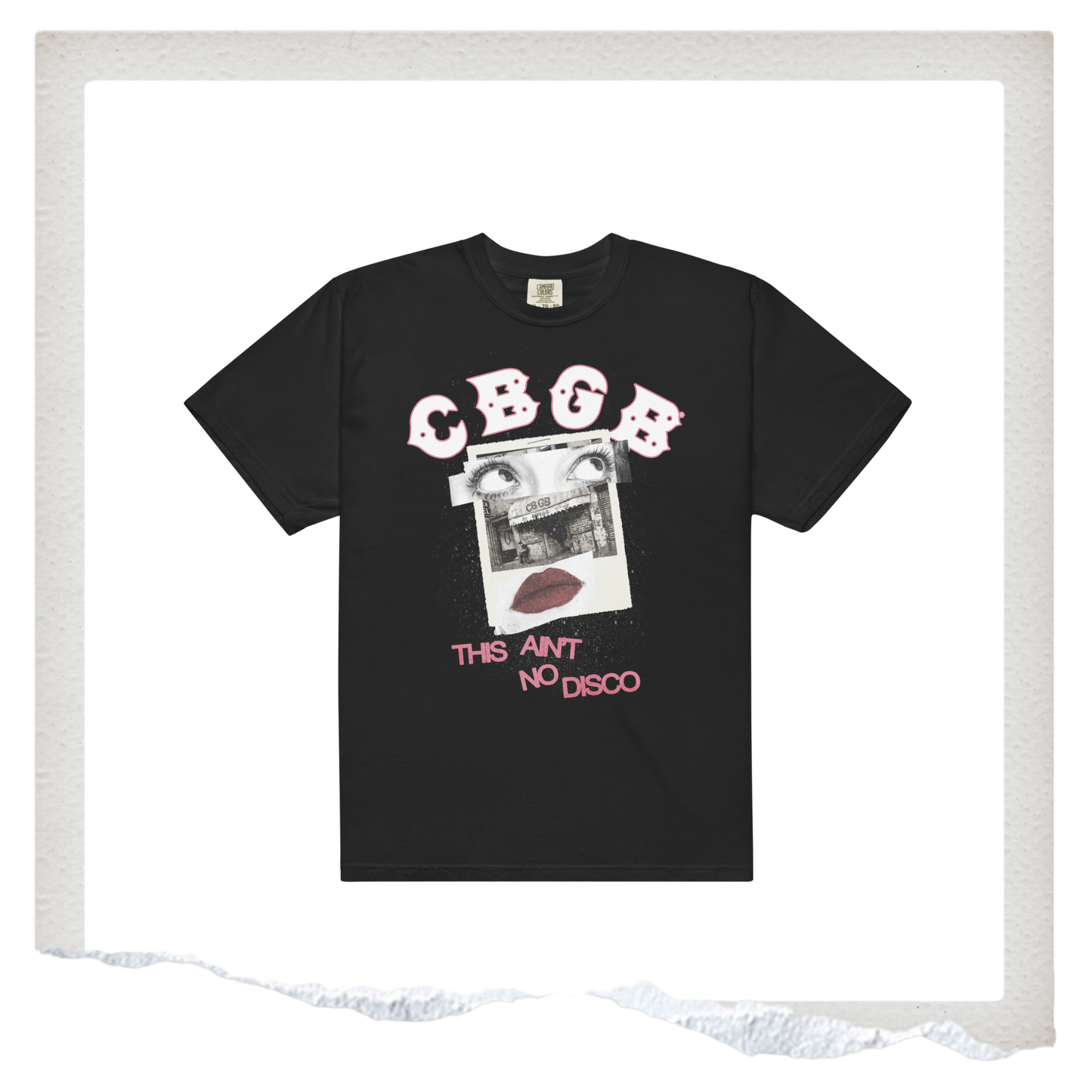 Black t-shirt with graphic design and text on a white background