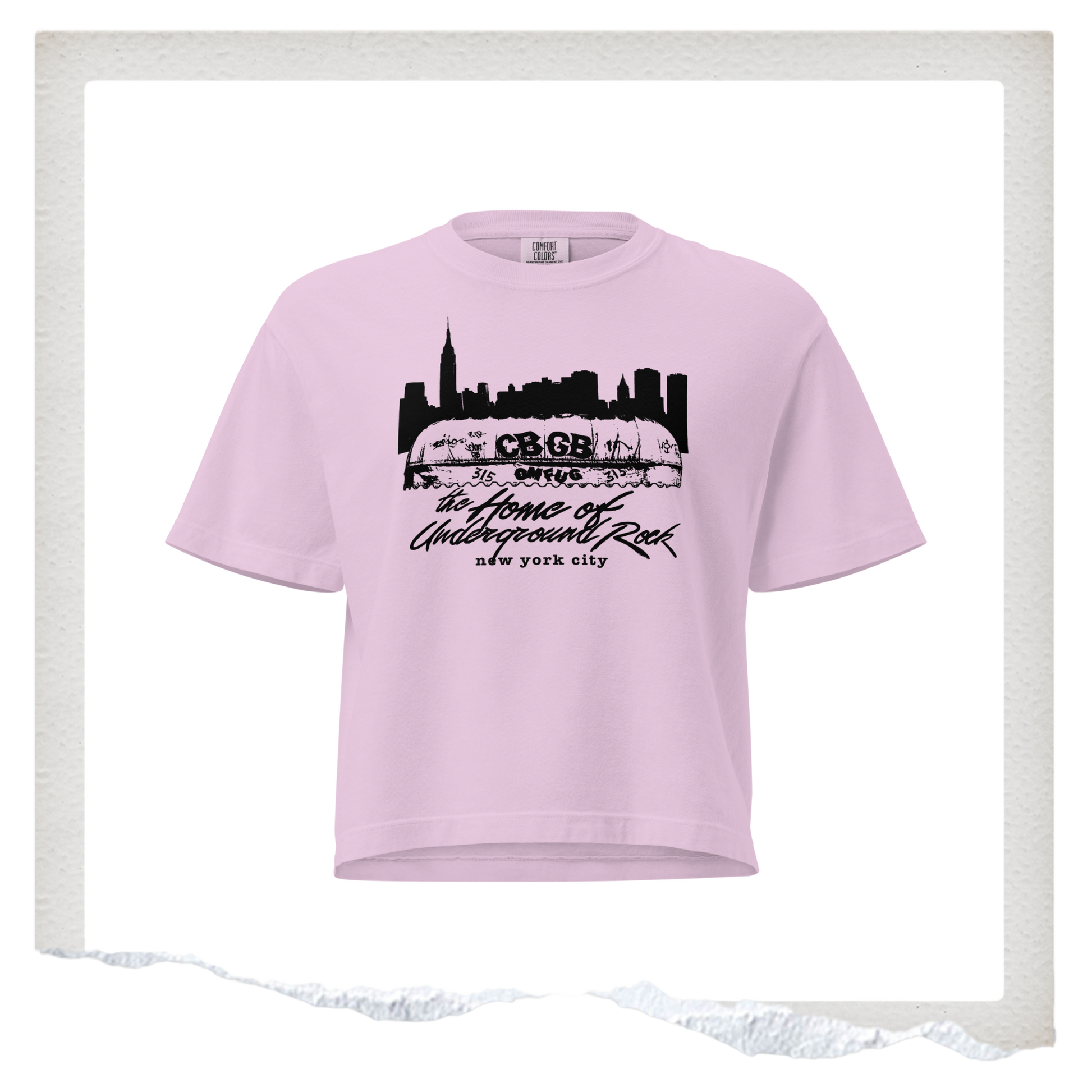 A classic pink cotton crop top tee with custom CBGB artwork ont he front.