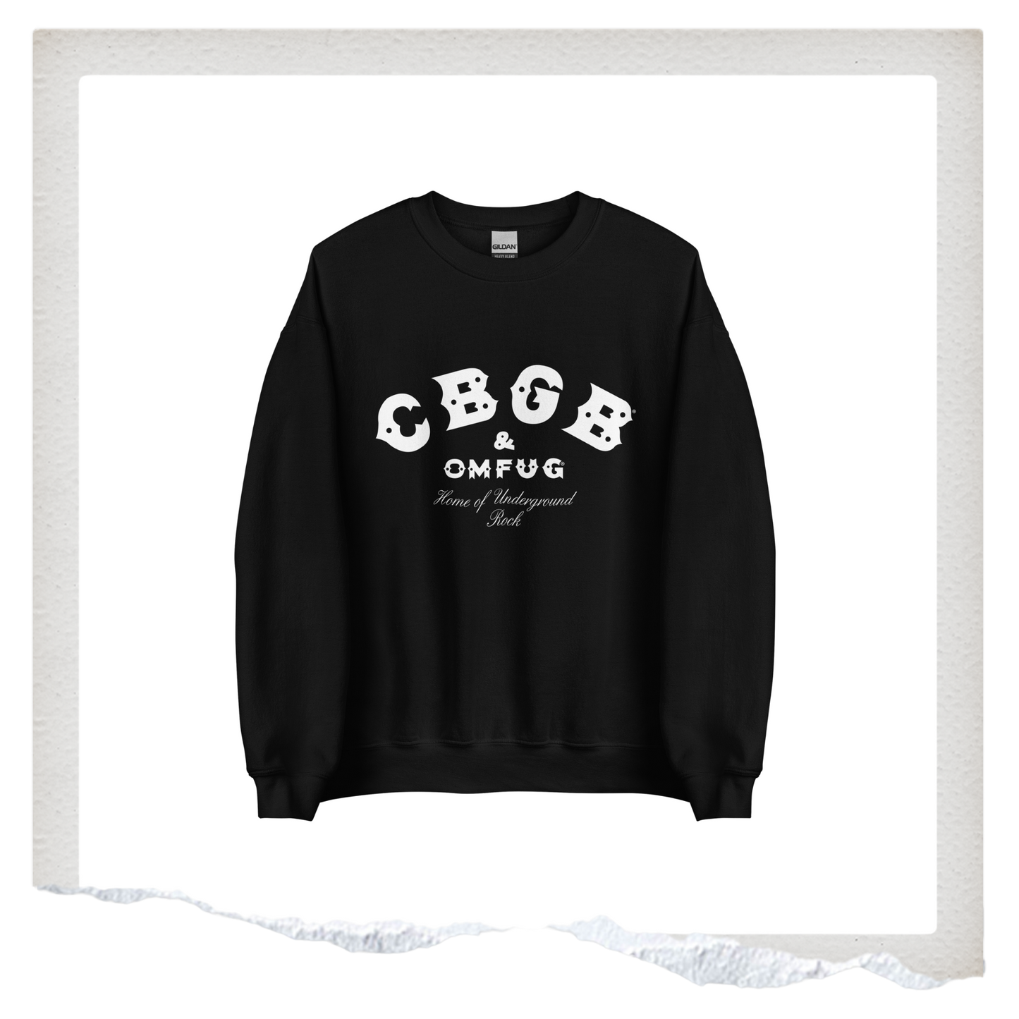 Black sweatshirt with white text on a white background