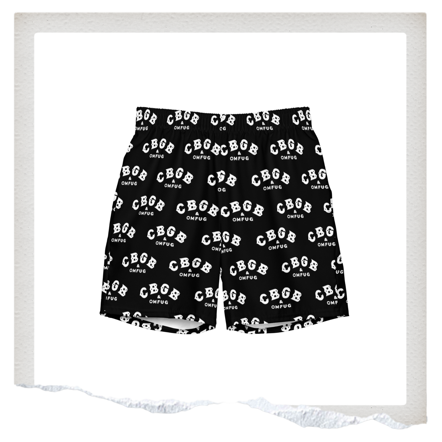 Black shorts with white text pattern on a white background