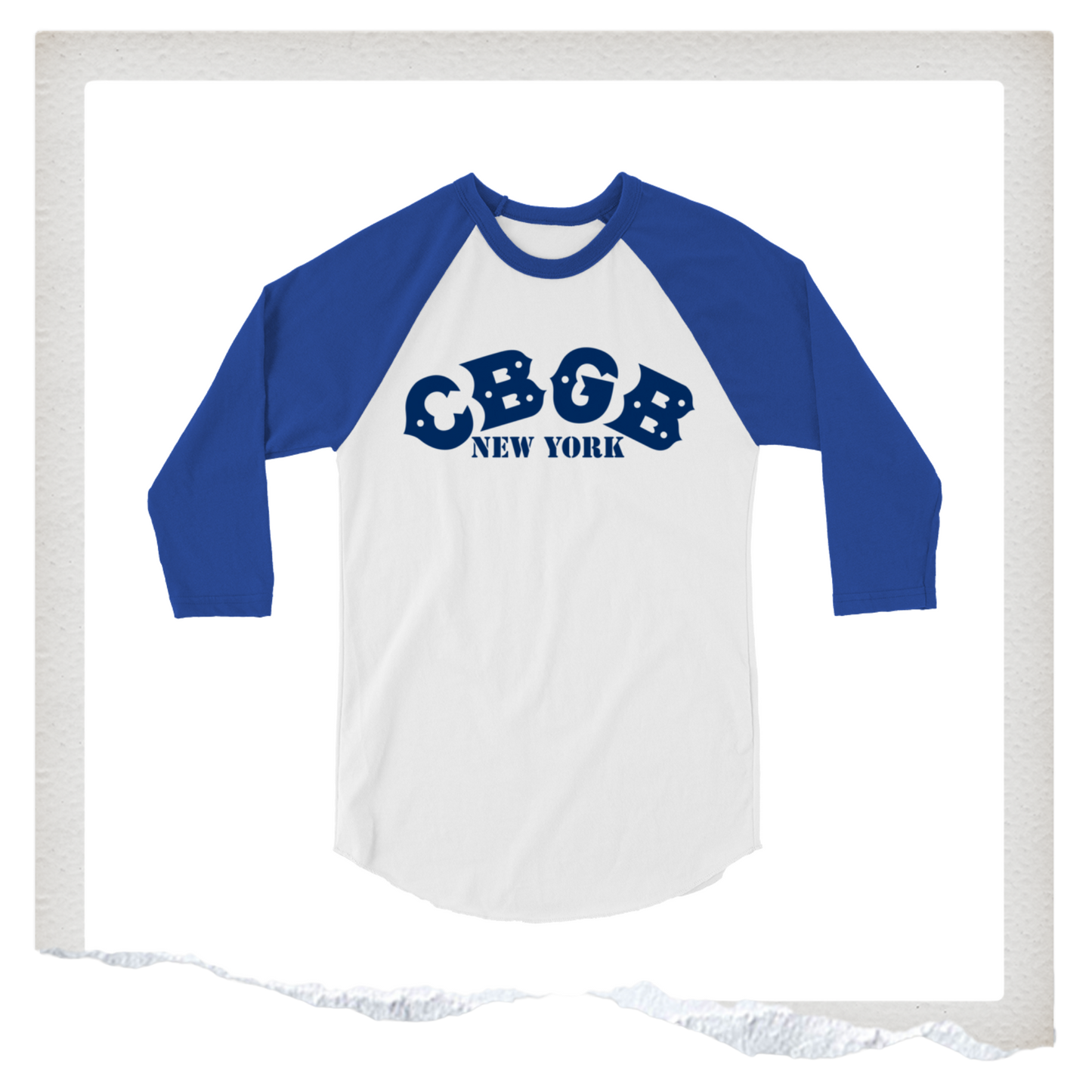 White and blue baseball shirt with 'CBGB New York' text on a white background