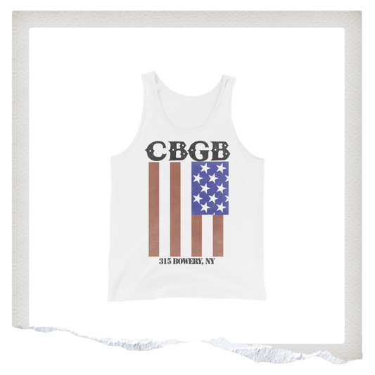 White tank top with CBGB logo and American flag design on a white background