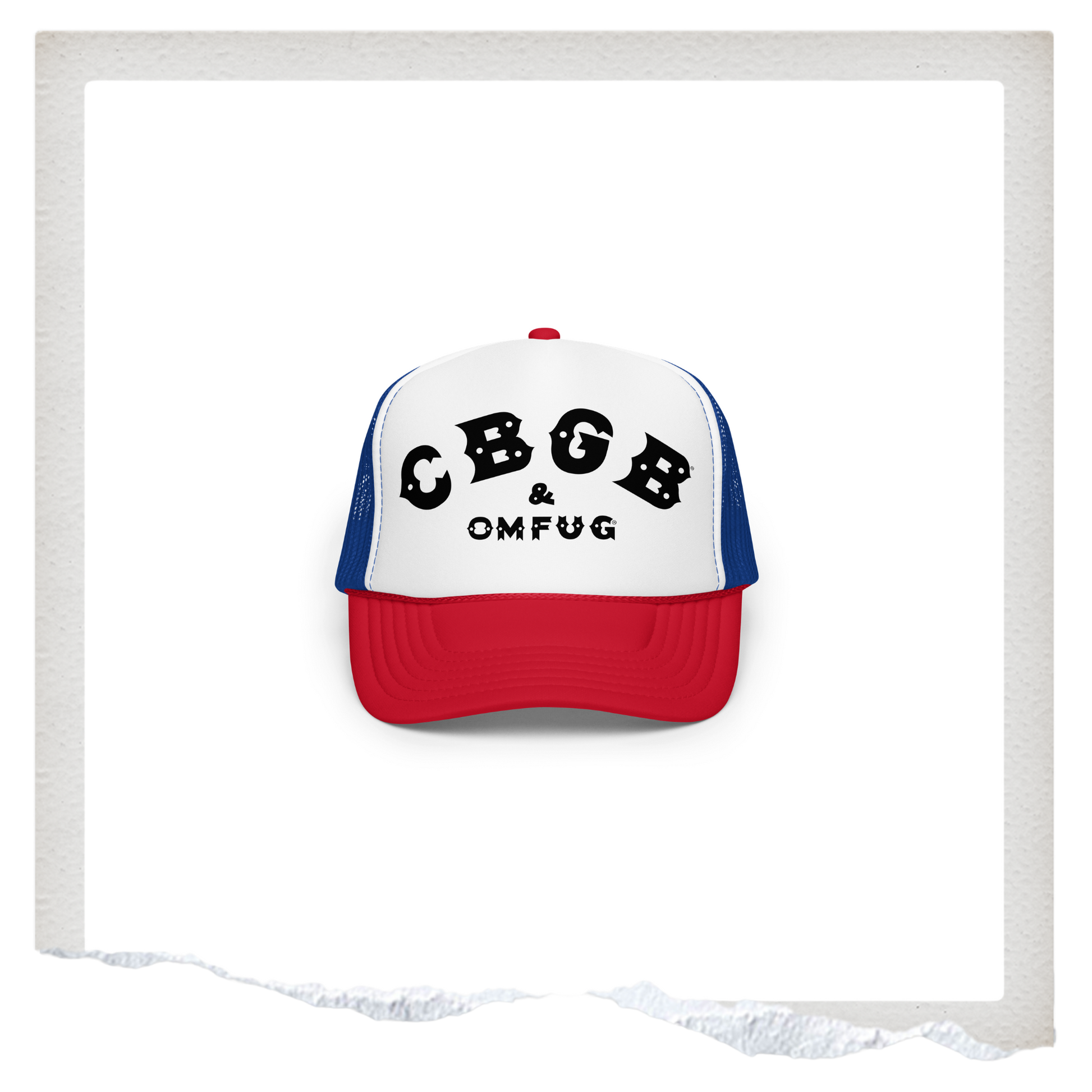 Red white and blue trucker hat with 'CBGB & OMFUG' text on a white background