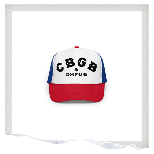 Red white and blue trucker hat with 'CBGB & OMFUG' text on a white background