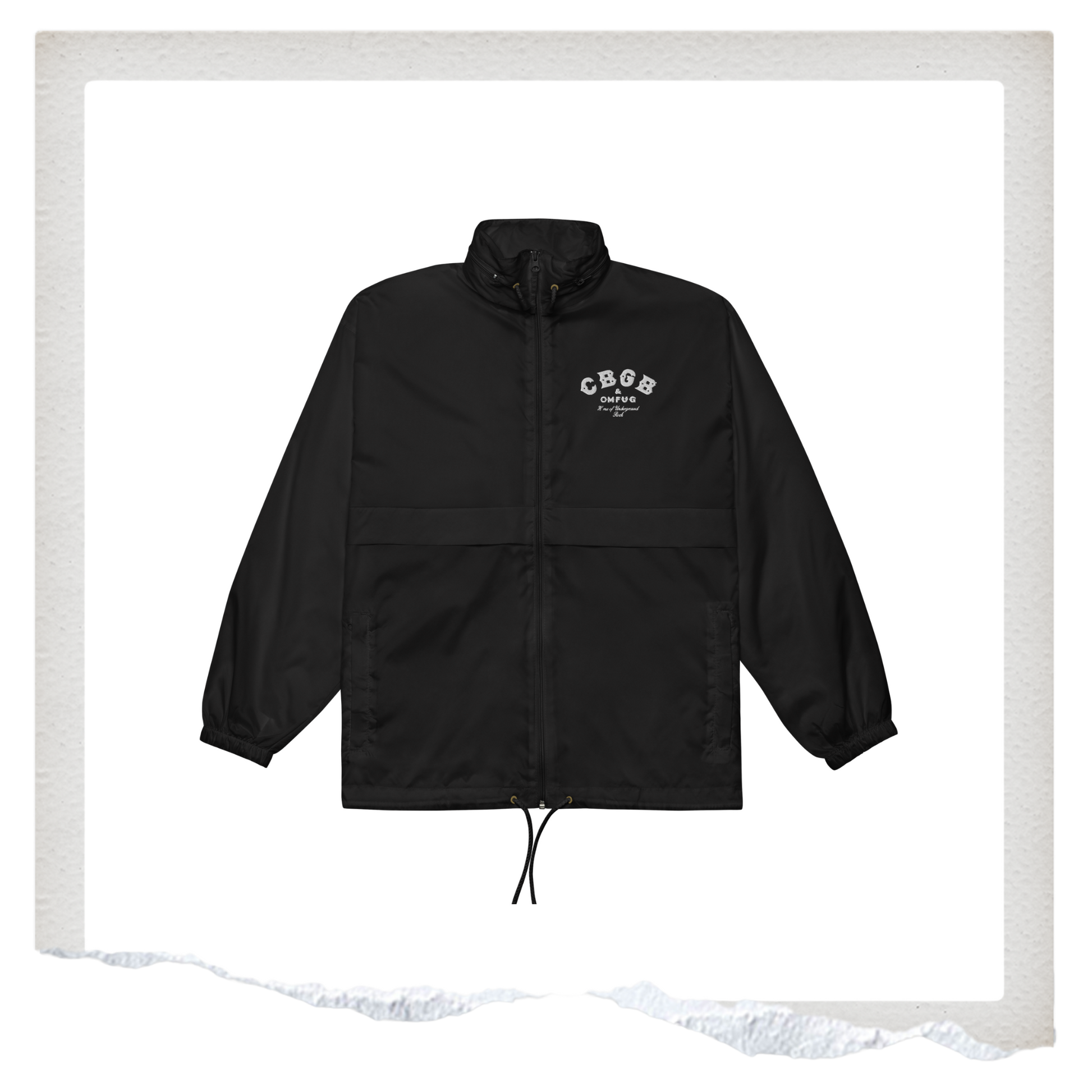Black jacket with a logo in white