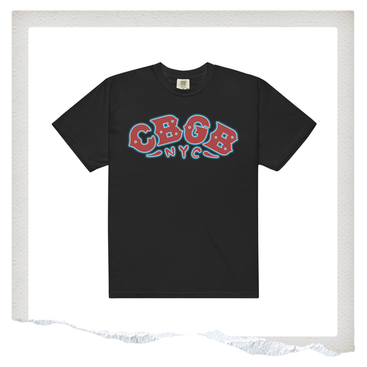 Black t-shirt with red and white logo on a white background