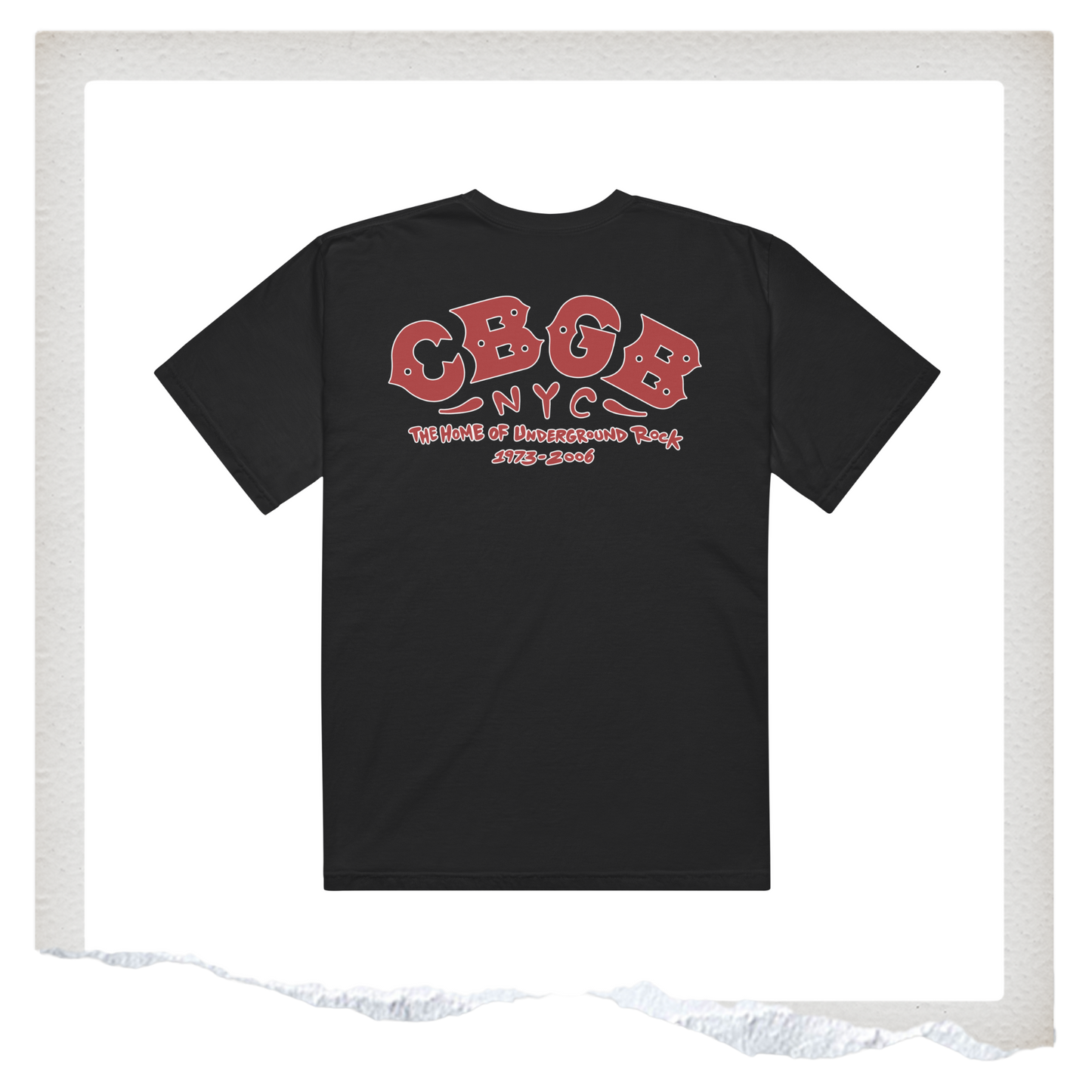Black t-shirt with red and white logo on a white background