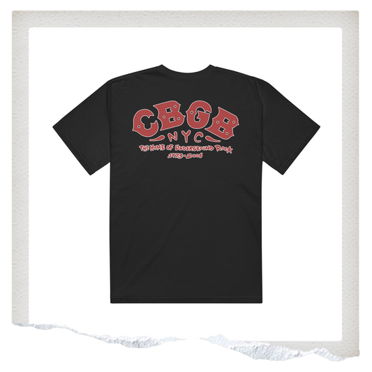 Black t-shirt with red and white logo on a white background