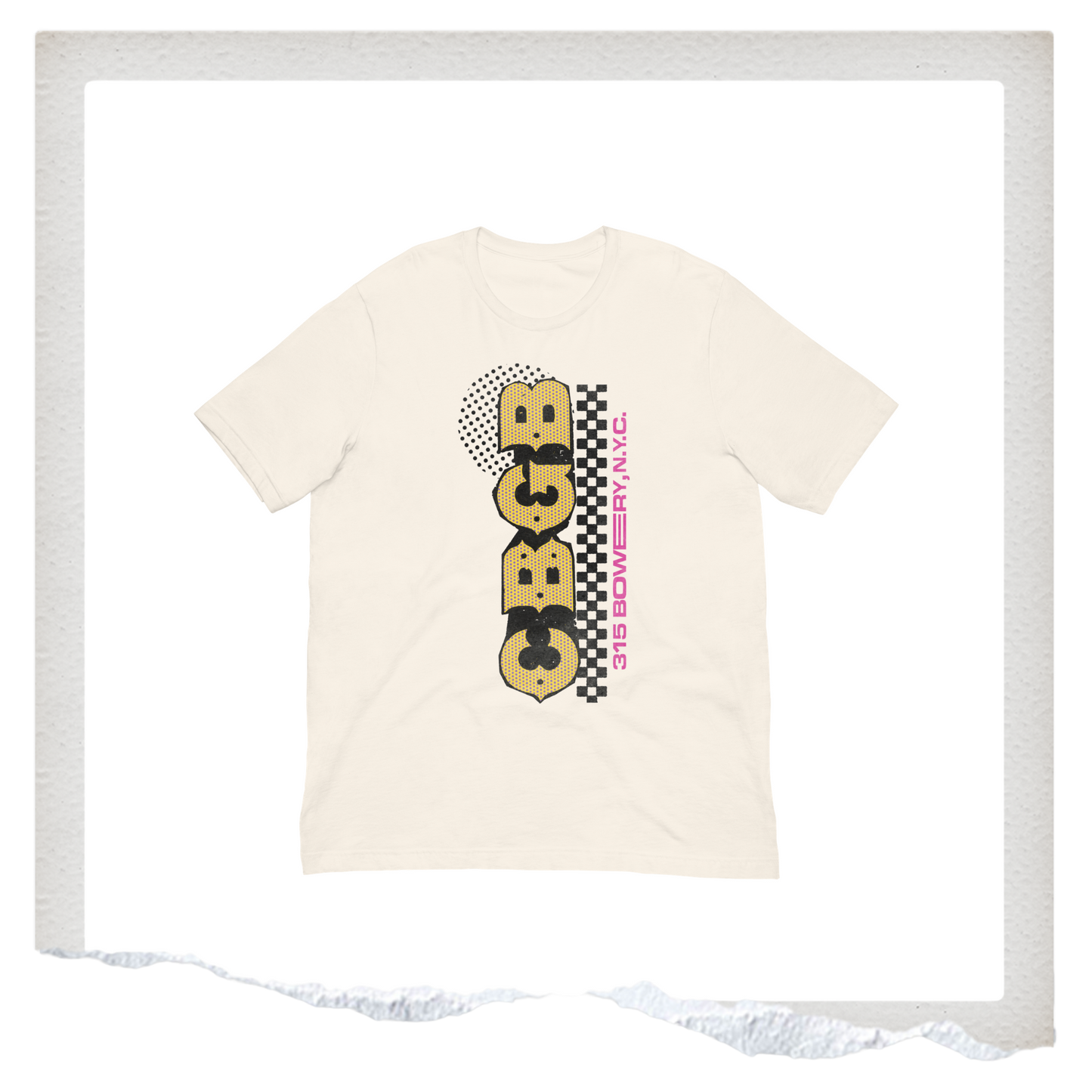 Beige t-shirt with 'CBGB' logo and text on a white background