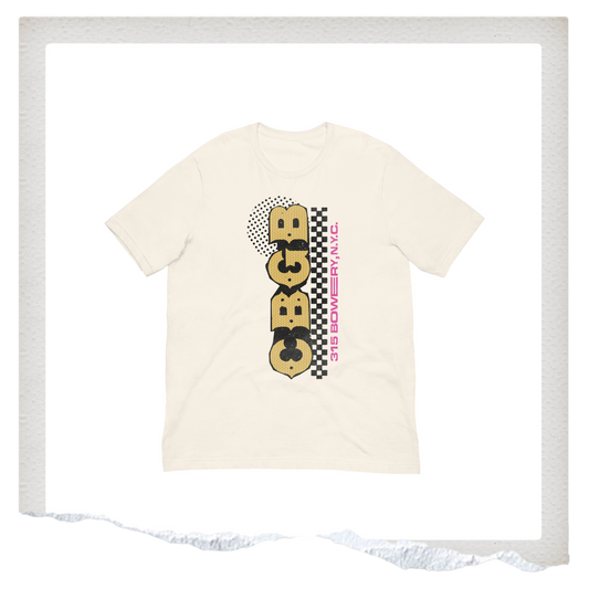 Beige t-shirt with 'CBGB' logo and text on a white background
