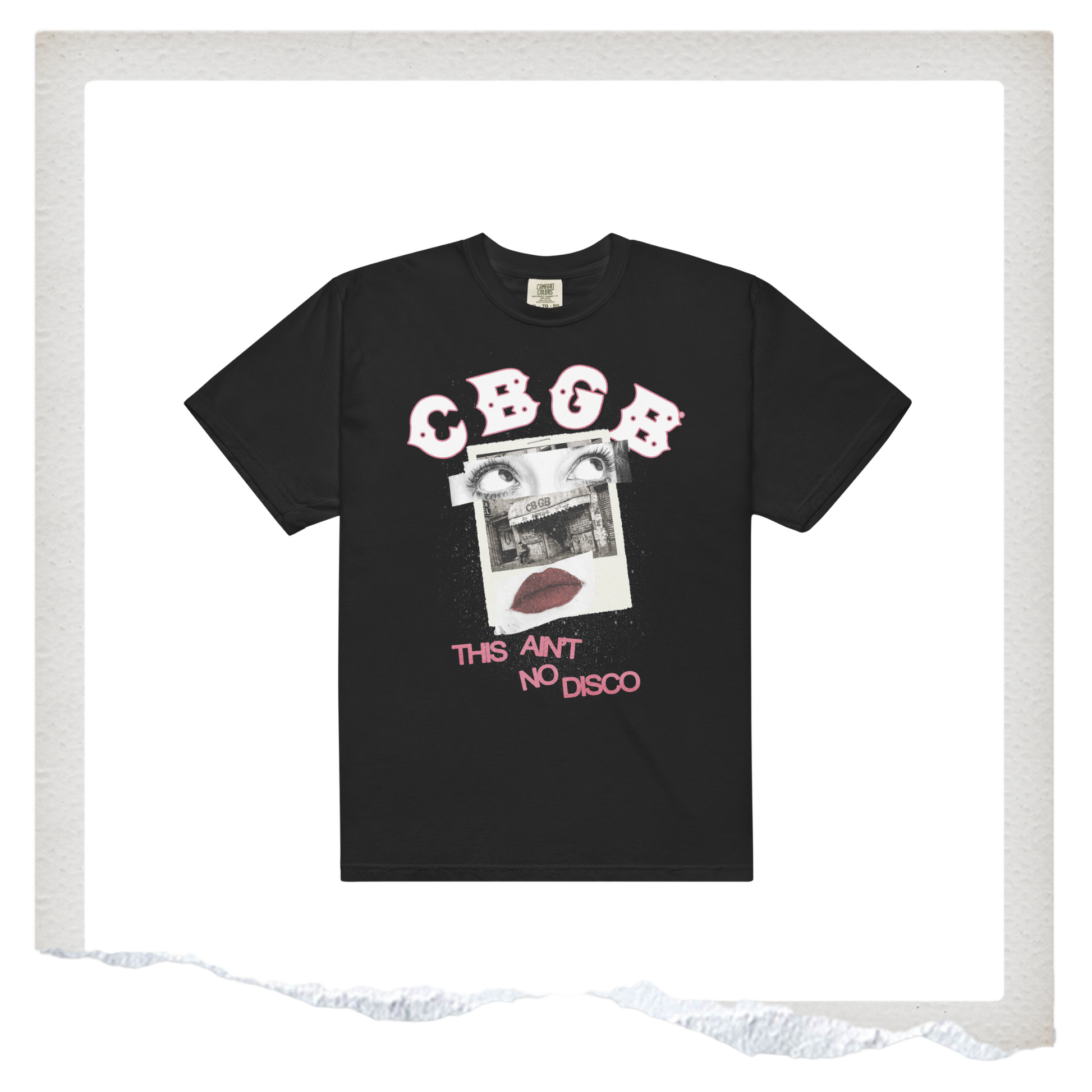 Black t-shirt with graphic design and text on a white background