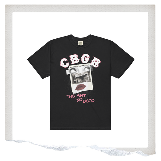 Black t-shirt with graphic design and text on a white background