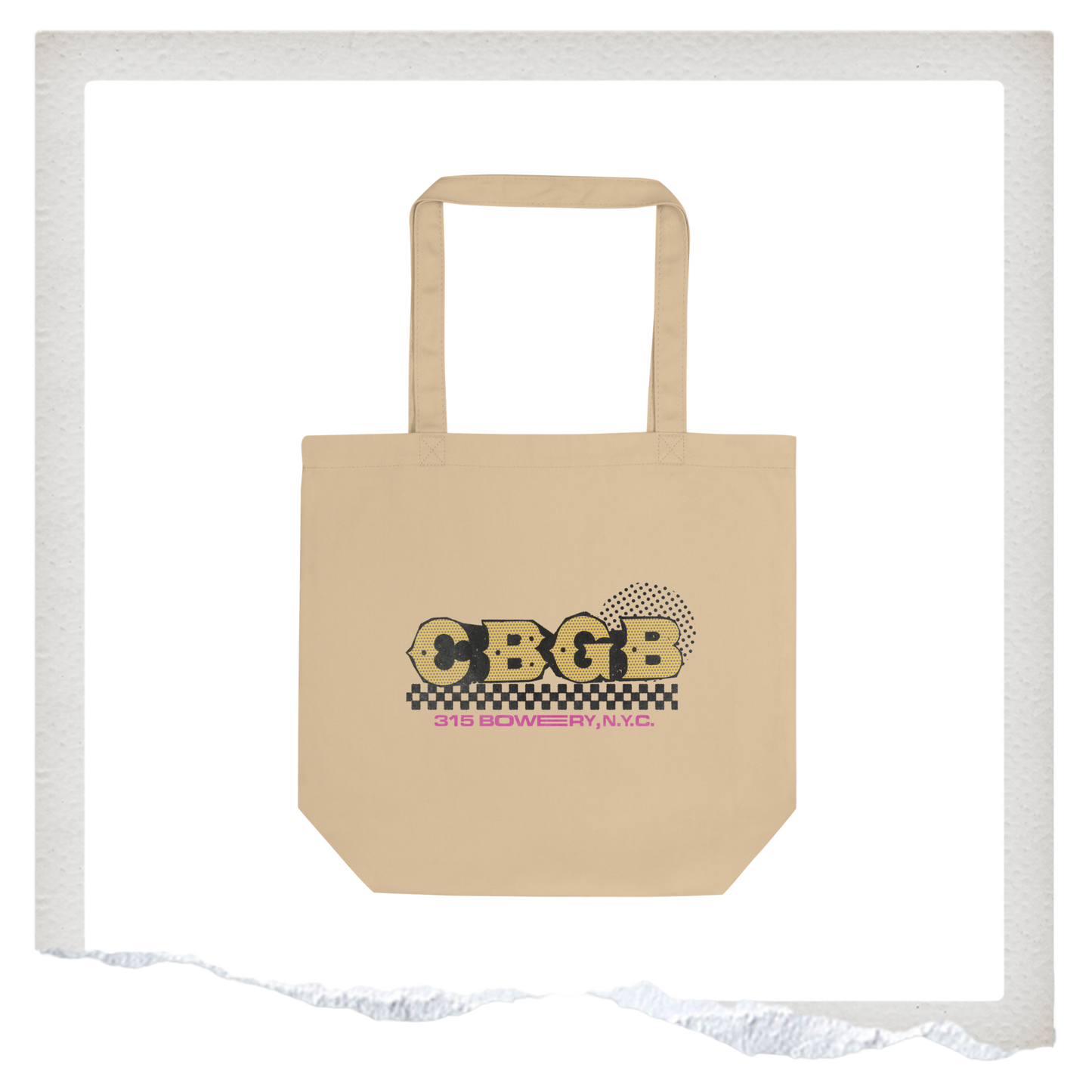 Beige tote bag with CBGB logo on a white background