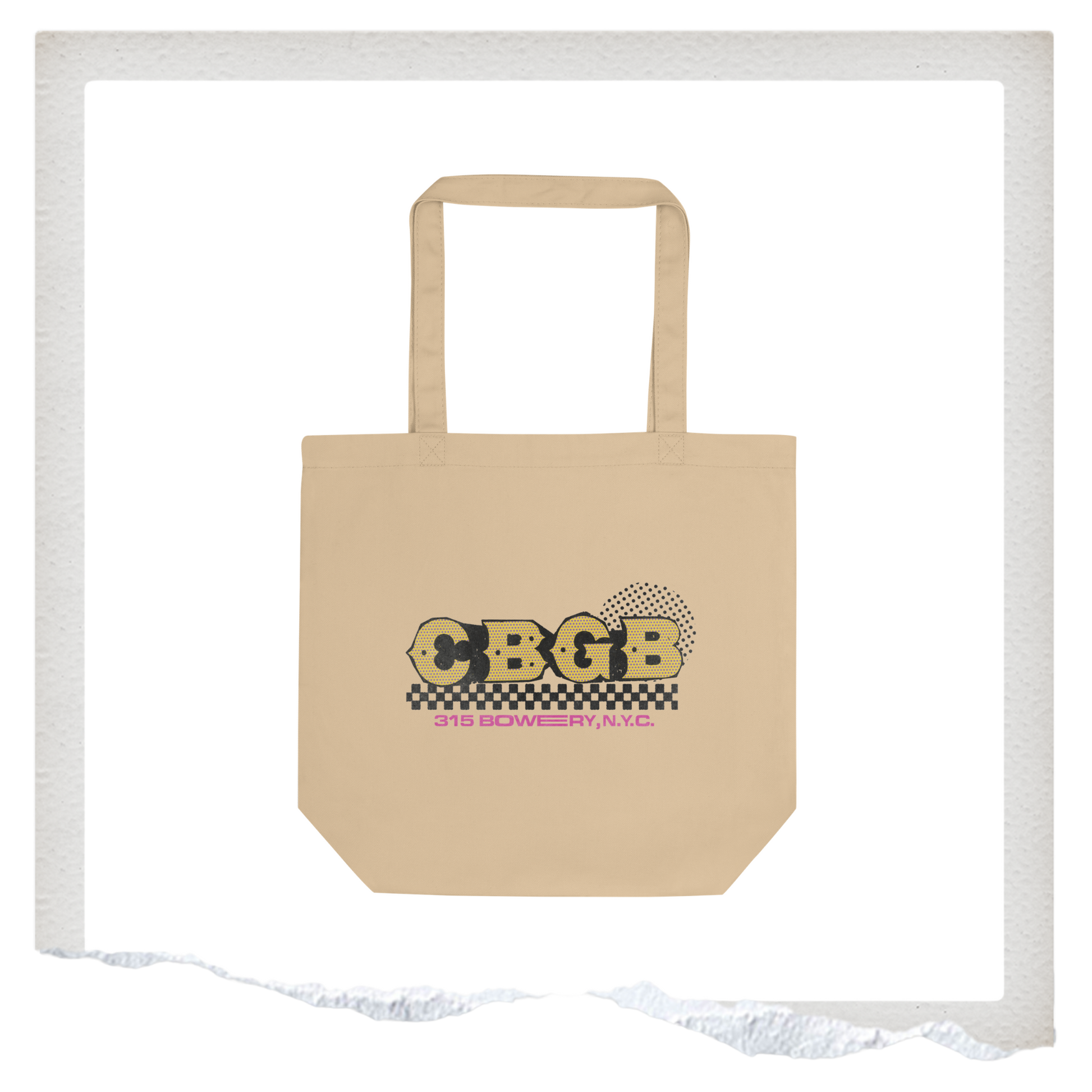 Beige tote bag with CBGB logo on a white background