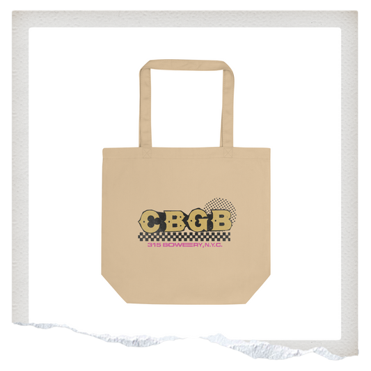 Beige tote bag with CBGB logo on a white background