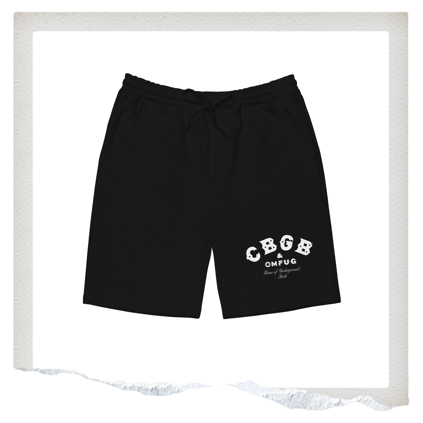 Black shorts with white text 