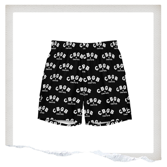 Black shorts with white text pattern on a white background