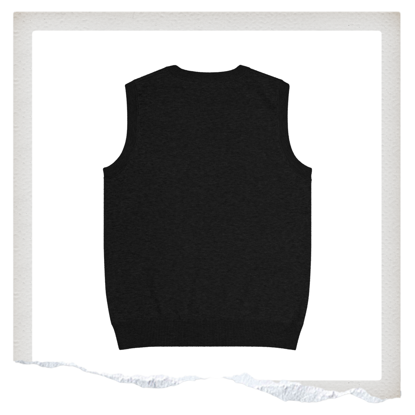 Black sleeveless shirt with white text on a white background
