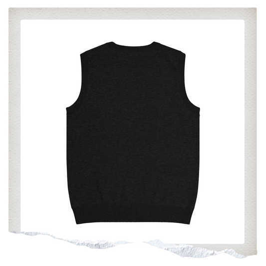 Black sleeveless shirt with white text on a white background