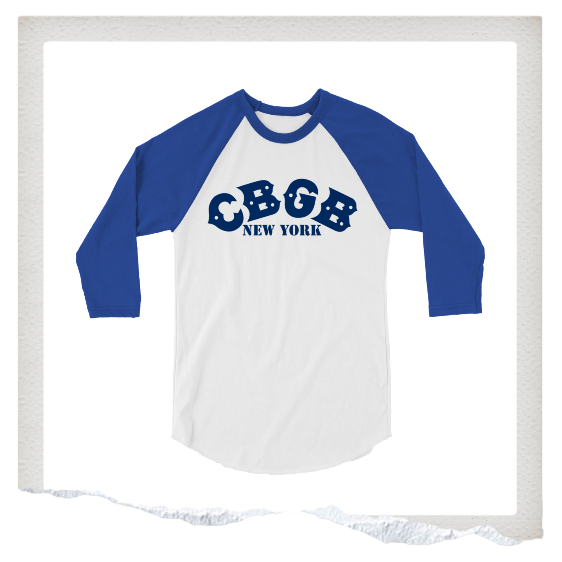 White and blue baseball shirt with 'CBGB New York' text on a white background